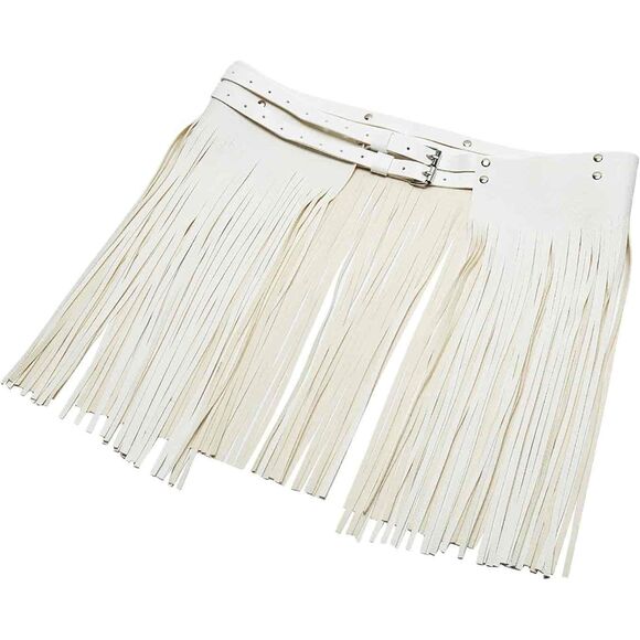 Fringe Tassel Skirt White Faux Leather Buckle Belted Mini Womens Size OS - Picture 2 of 6